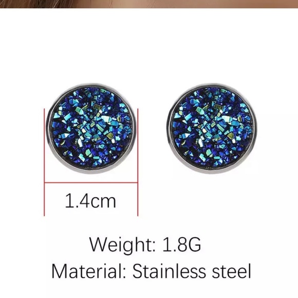 White Druzy Round Stud Earrings - Picture 3 of 3